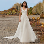 Vestidos de novia sencillos de corte A 2023, sexys, con escote en V, sin mangas, apliques de encaje, cola de barrido, para mujer, vestidos de novia con botones en la espalda, tipo bata. 