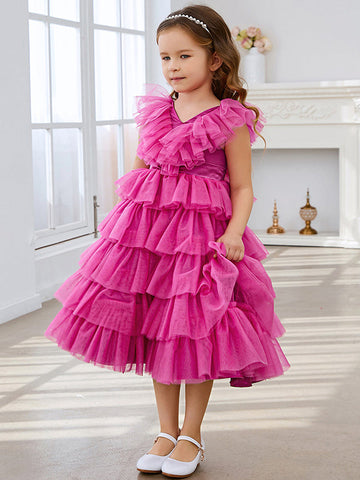Vestido de princesa rosa estilo princesa, sin mangas, de tul y con volantes para niña de las flores 