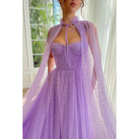 Vestido de fiesta largo de tul con escote en forma de A y tirantes finos con chal