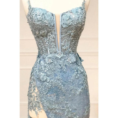 Robe de bal longue à bretelles spaghetti et paillettes avec fente