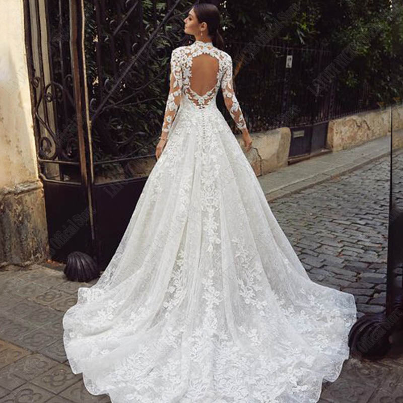 Vestidos de novia de manga larga, de lujo, con encaje, espalda descubierta y cuello alto. 