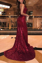 Robe de bal bordeaux sirène dos nu à sequins