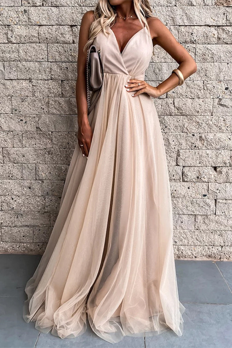 Vestidos de noche sexys formales de malla sólida con escote en V 