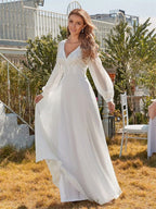 Classic Appliques 3D Flower Wedding Dress Simple Deep V-neck Long Sleeve Bridal Gown Beach Vestidos De Novia