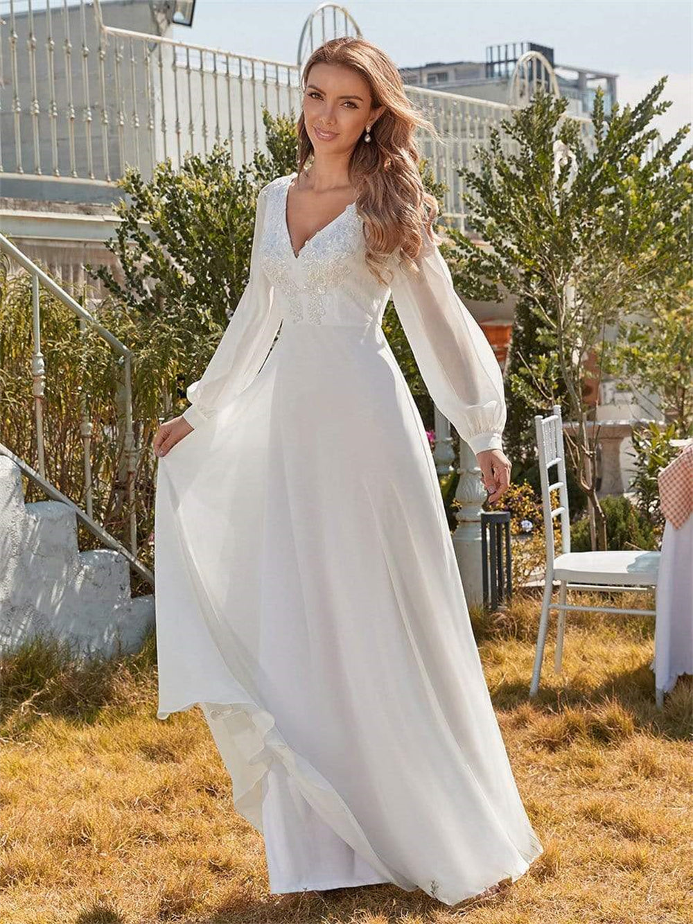 Classic Appliques 3D Flower Wedding Dress Simple Deep V-neck Long Sleeve Bridal Gown Beach Vestidos De Novia