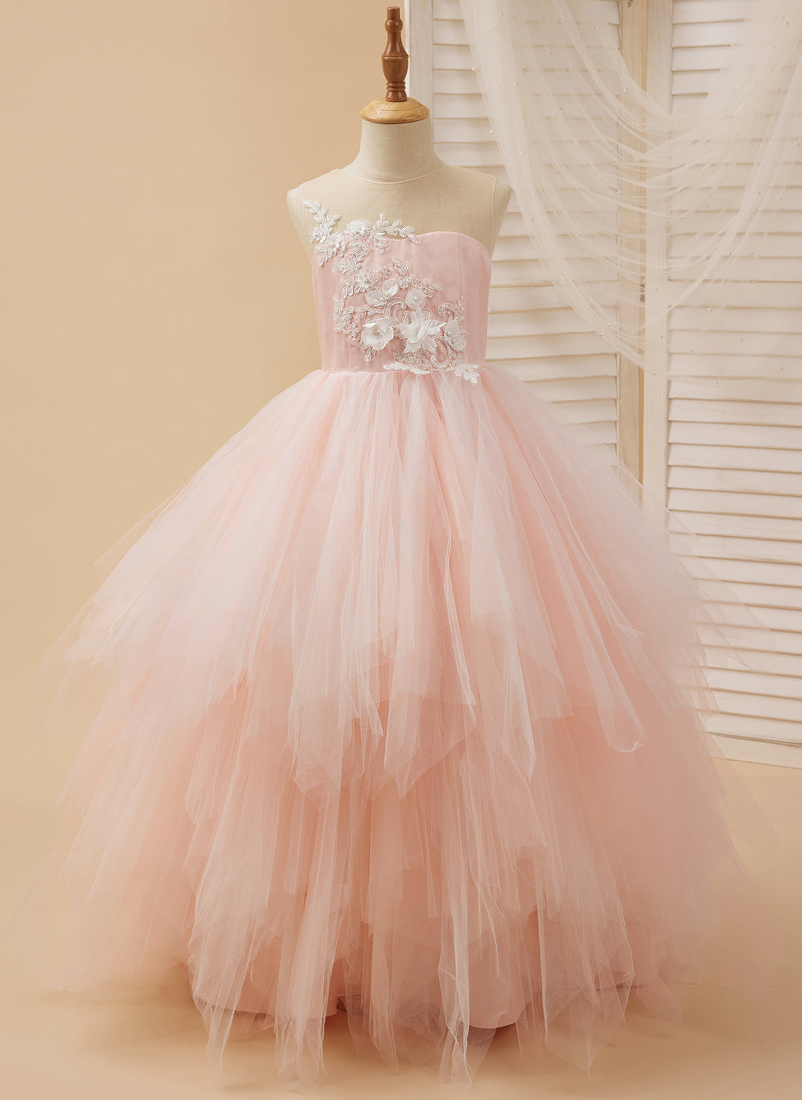 Vestido de baile/princesa de encaje y tul rosa hasta el suelo (2003226757)