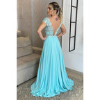 Vestido de noche formal largo de encaje con escote en V y corte A, sexy, de talla grande, para madre de la novia 