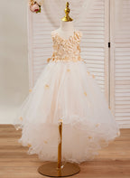 Vestido asimétrico de tul color marfil con corte en A (010220938) 