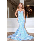 Robe de bal longue sirène à paillettes et col en V, sans bretelles