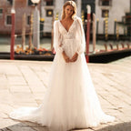 Vestidos de novia sexys con escote en V, encaje, sencillos, con mangas largas abullonadas, apliques, espalda descubierta, estilo vestido de novia a medida (2024). 