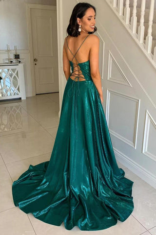 Robe de bal longue vert foncé à fines bretelles spaghetti et dos croisé, coupe trapèze simple