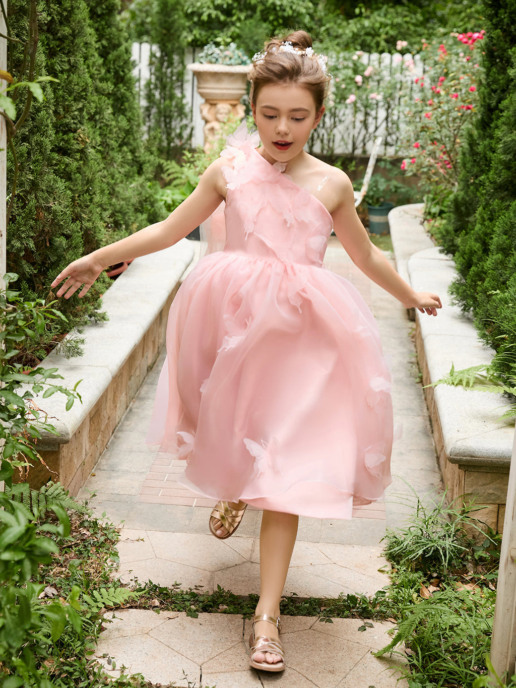 Vestido rosa de organza de corte A hasta la rodilla (010220821) 