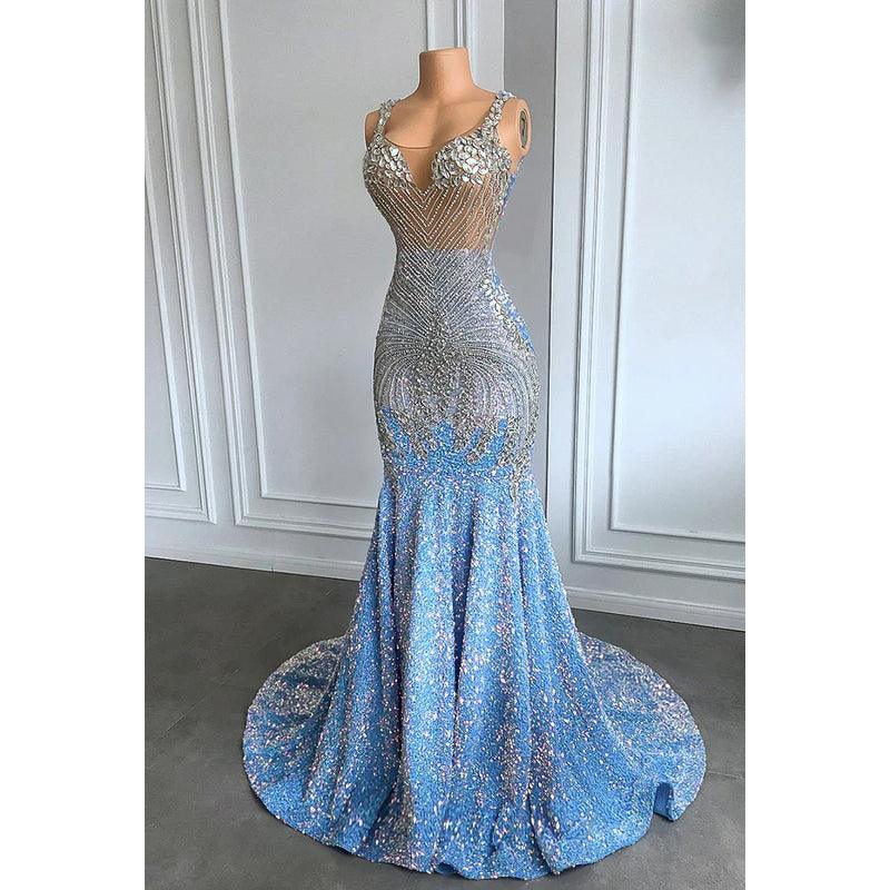 Vestido de noche de fiesta glamuroso y dramático con volantes, pedrería, escote en V, sin mangas y lentejuelas