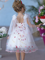 Vestido de niña de las flores de tul hasta la rodilla con bordado de fresas 