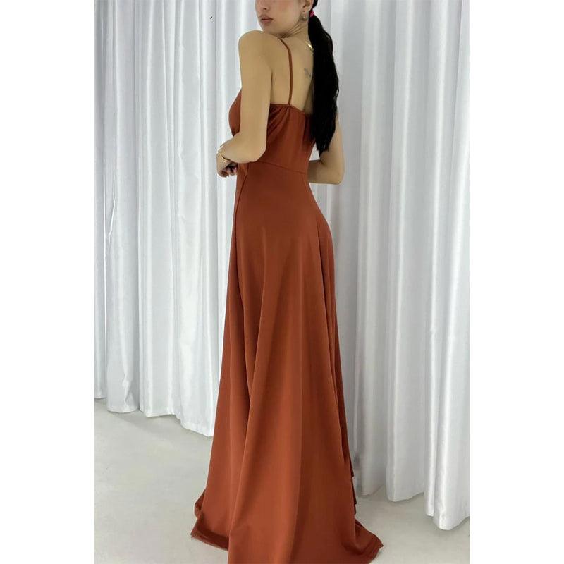 Robe de soirée longue simple et sexy à bretelles et col en V avec fente 