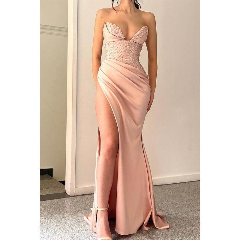 Vestido de fiesta largo plisado de satén con escote en V y abertura alta sexy