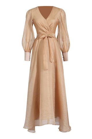 Vestido de noche estilo celebridad con escote en V, manga obispo, cinturón y corte asimétrico arrugado 