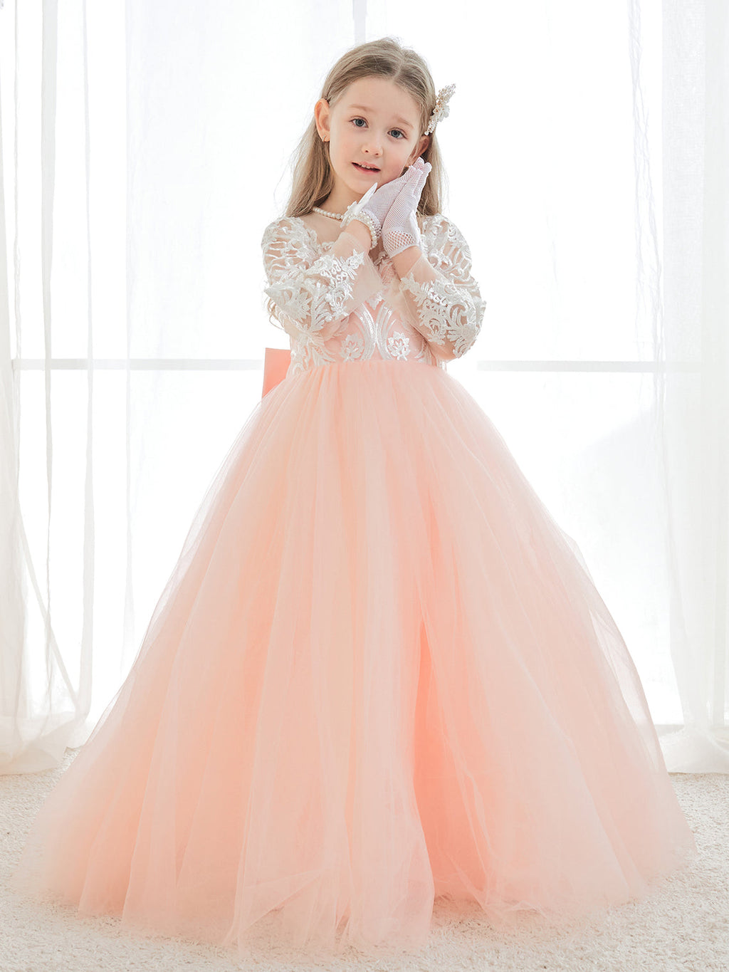 Vestidos de niña de las flores de corte A, manga larga, encaje y tul, color rosa (2003227575) 