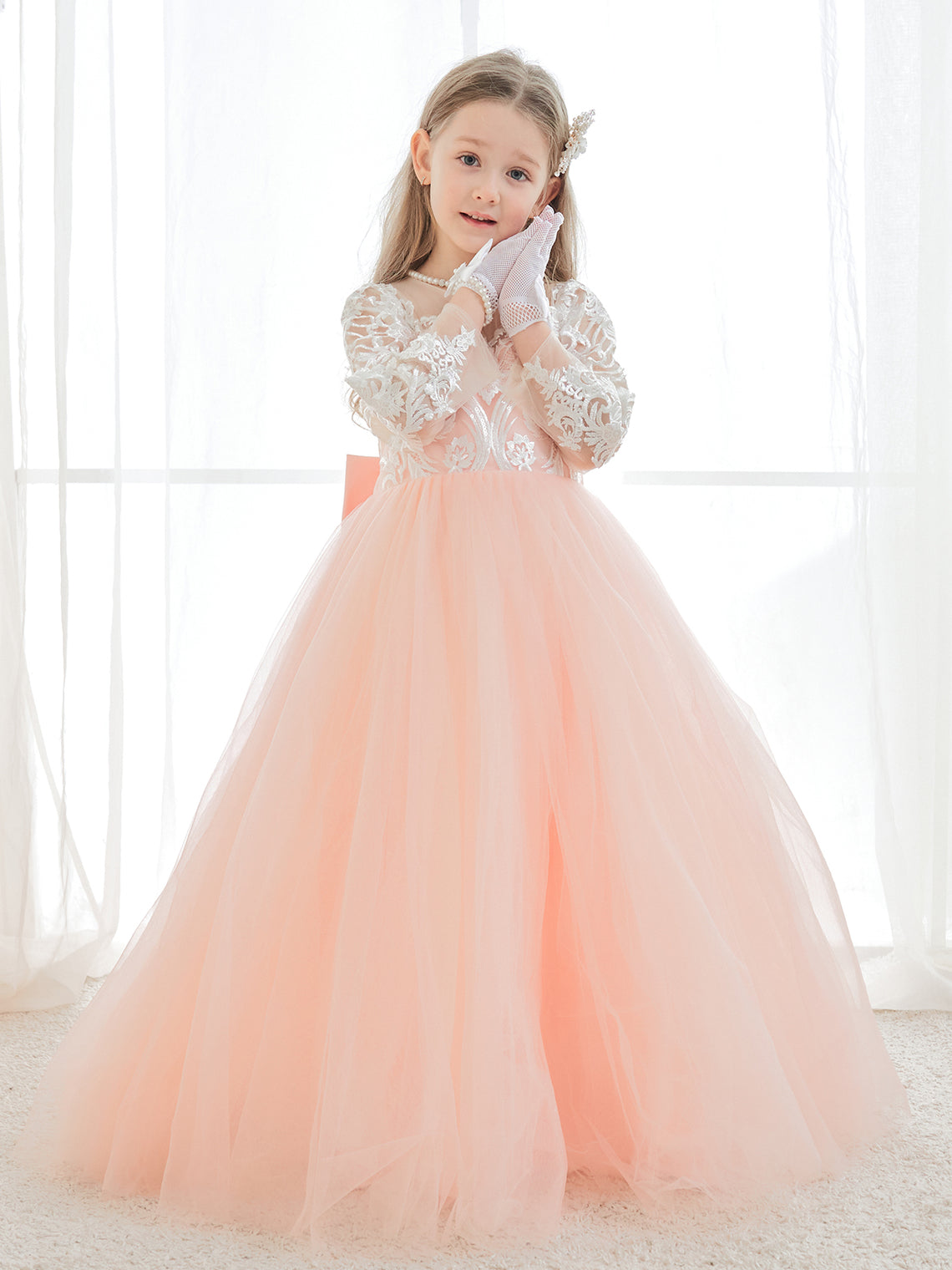 Vestidos de niña de las flores de corte A, manga larga, encaje y tul, color rosa (2003227575) 