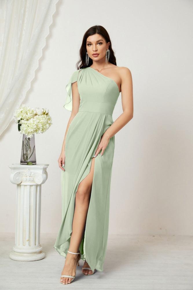Baoleely  Chiffon Ruffled One Shoulder Long Bridesmaid Dresses A-line Formal Evening Gown Side Split 2809