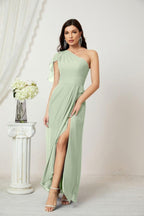 Baoleely  Chiffon Ruffled One Shoulder Long Bridesmaid Dresses A-line Formal Evening Gown Side Split 2809