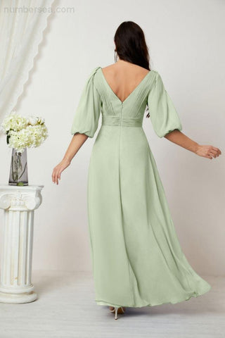 Baoleely  Formal Prom Gown Women V-Neck Chiffon Bridesmaid Dresses Long Bishop Sleeve Party Dress 2807