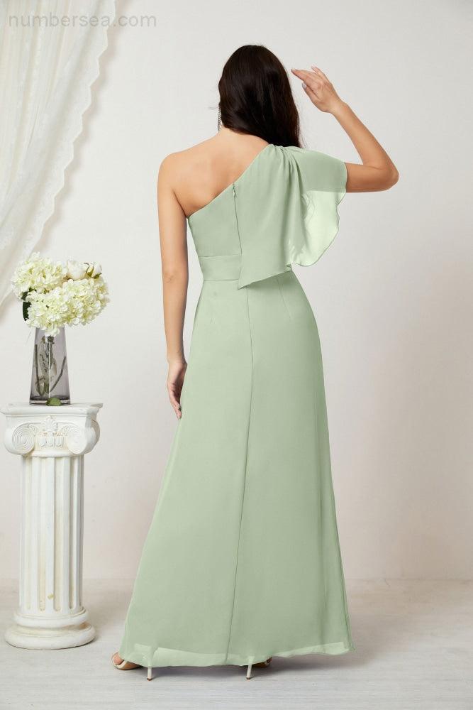 Baoleely  Chiffon Ruffled One Shoulder Long Bridesmaid Dresses A-line Formal Evening Gown Side Split 2809