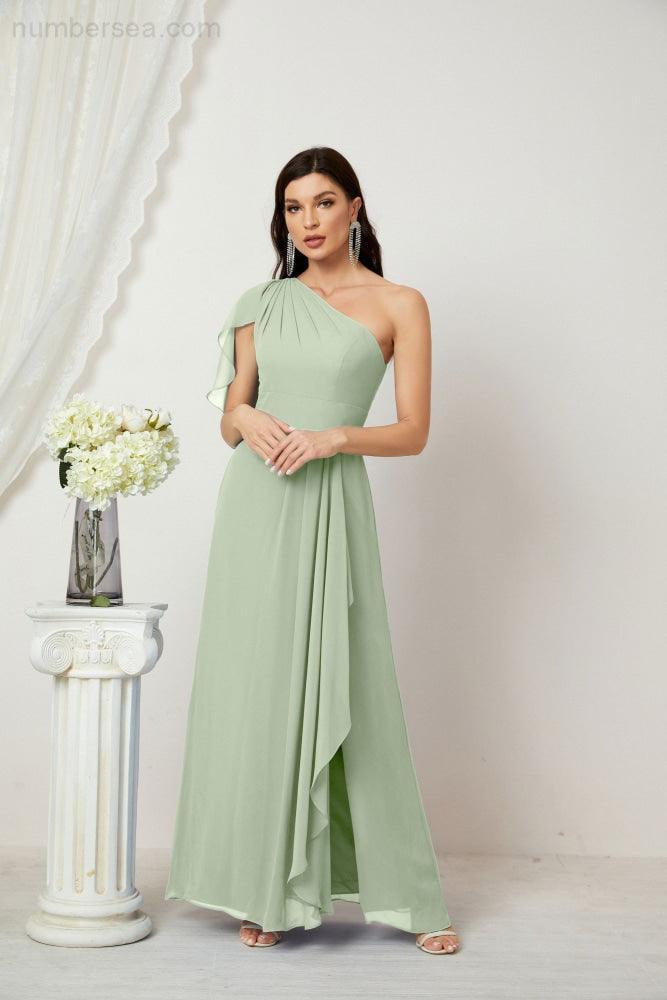 Baoleely  Chiffon Ruffled One Shoulder Long Bridesmaid Dresses A-line Formal Evening Gown Side Split 2809