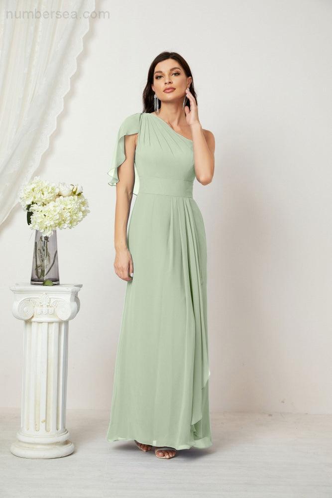 Baoleely  Chiffon Ruffled One Shoulder Long Bridesmaid Dresses A-line Formal Evening Gown Side Split 2809