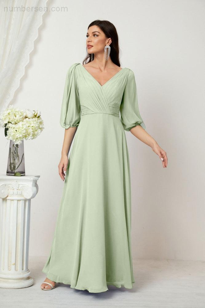 Baoleely  Formal Prom Gown Women V-Neck Chiffon Bridesmaid Dresses Long Bishop Sleeve Party Dress 2807