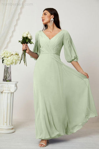 Baoleely  Formal Prom Gown Women V-Neck Chiffon Bridesmaid Dresses Long Bishop Sleeve Party Dress 2807