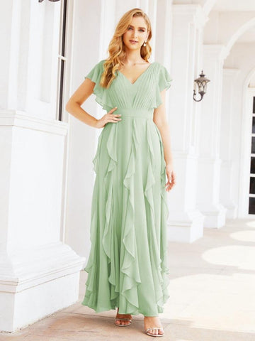 Vestidos de dama de honor con volantes y mangas, vestido largo de fiesta formal 28041 