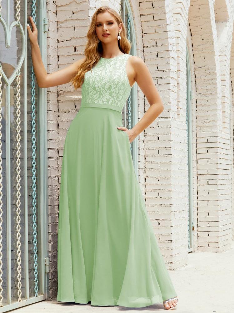 Robe de demoiselle d'honneur en dentelle, longueur au sol, avec poches, 28017 