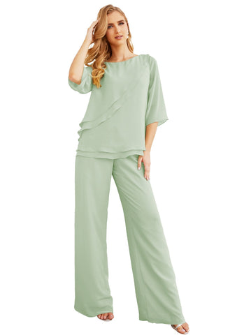 Elegante conjunto de pantalón y bata plateada de dos piezas para la madre de la novia, talla grande, con volantes, Sunderly Elegant SY28064