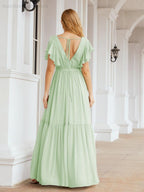 Baoleely Women's Open Back Formal Evening Party Prom Gowns V-Neck Long Chiffon Bridesmaid Dresses with Waist Belt 28038