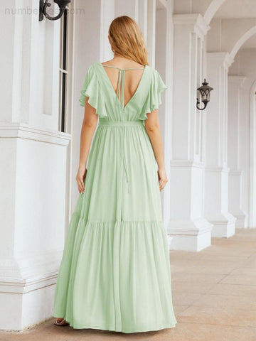 Vestido de fiesta formal de noche con espalda descubierta para mujer Baoleely, escote en V, largo, de gasa, con cinturón a la cintura 28038