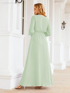 Vestido de dama de honor de gasa para mujer Sunderly, corte en A, manga larga, vestido de noche formal para invitada de boda SY28032 