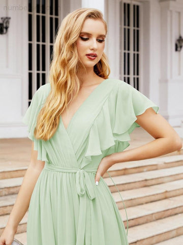 Vestido de fiesta formal de noche con espalda descubierta para mujer Baoleely, escote en V, largo, de gasa, con cinturón a la cintura 28038