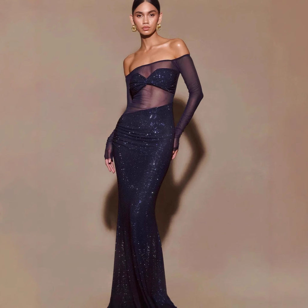 Robe de bal élégante à une épaule ornée de strass 