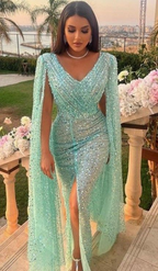 Vestido de noche de lentejuelas brillantes, vestido de fiesta estilo sirena con capa, sexy, con abertura alta, corte en A, elegante, de lujo Y4882