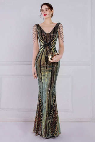 Robe de bal fourreau à sequins et franges