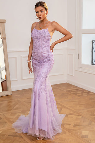 Robe de bal longue sirène violet clair avec appliques