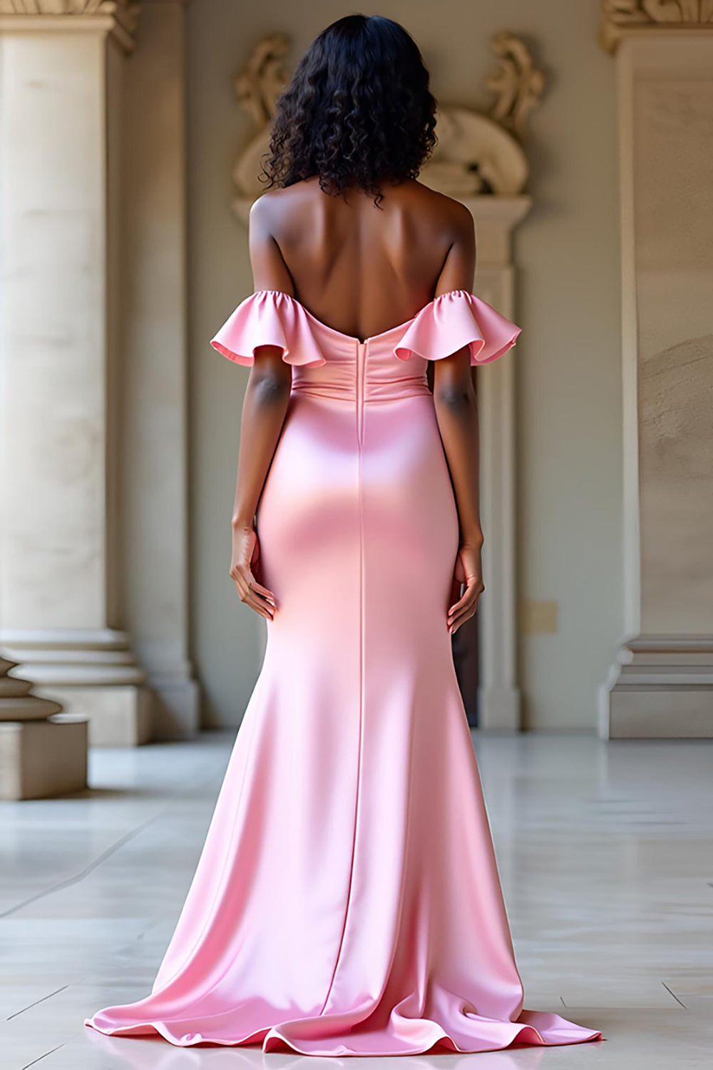 Robe de bal longue rose fourreau à volants et décolleté cœur avec fente