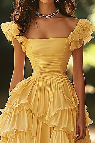 Square Neck A Line Light Yellow Tiered Long Prom Dress