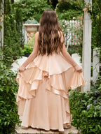 Vestido de niña de las flores de corte A, de gasa color melocotón claro hasta el suelo 