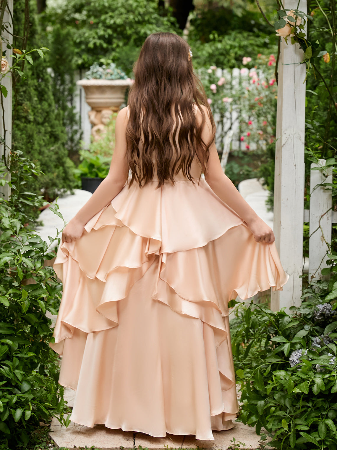 Vestido de niña de las flores de corte A, de gasa color melocotón claro hasta el suelo 