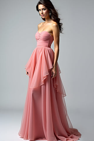 Robe de bal longue bustier froncée rose poudré à volants