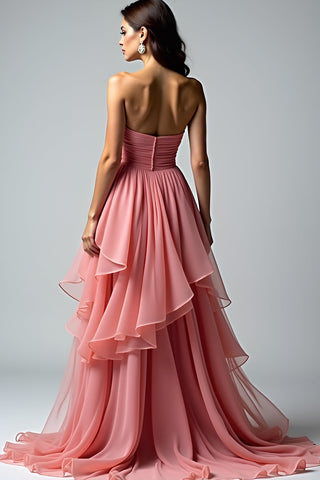 Robe de bal longue bustier froncée rose poudré à volants