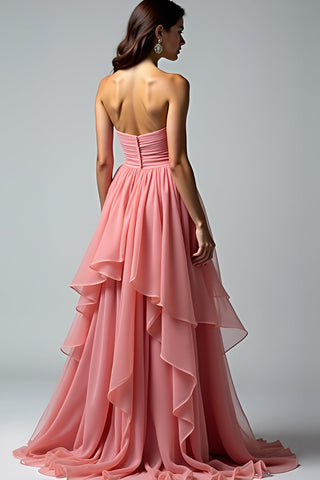 Robe de bal longue bustier froncée rose poudré à volants