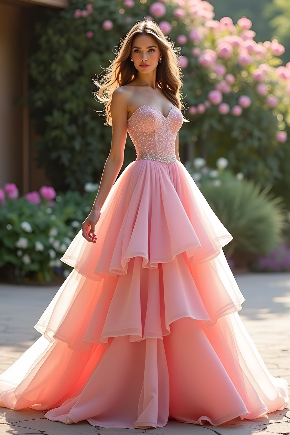 Vestido largo de fiesta rosa de corte línea A con volantes